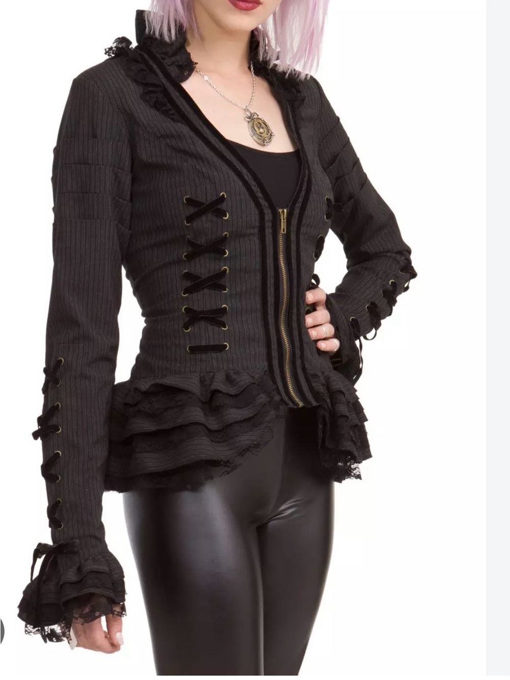 Rare Black Gothic Spin Doctor Ruffled Lace-Up Women's Jacket -